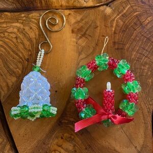 Vintage Handmade Bead Christmas Ornaments Bell & Candle Wreath set of 2